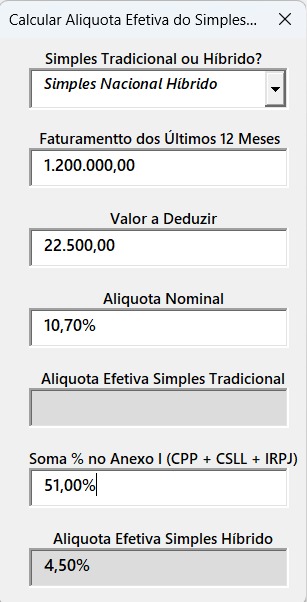 Tela real de cálculo da alíquota efetiva do Simples Nacional na Calculadora JNQ